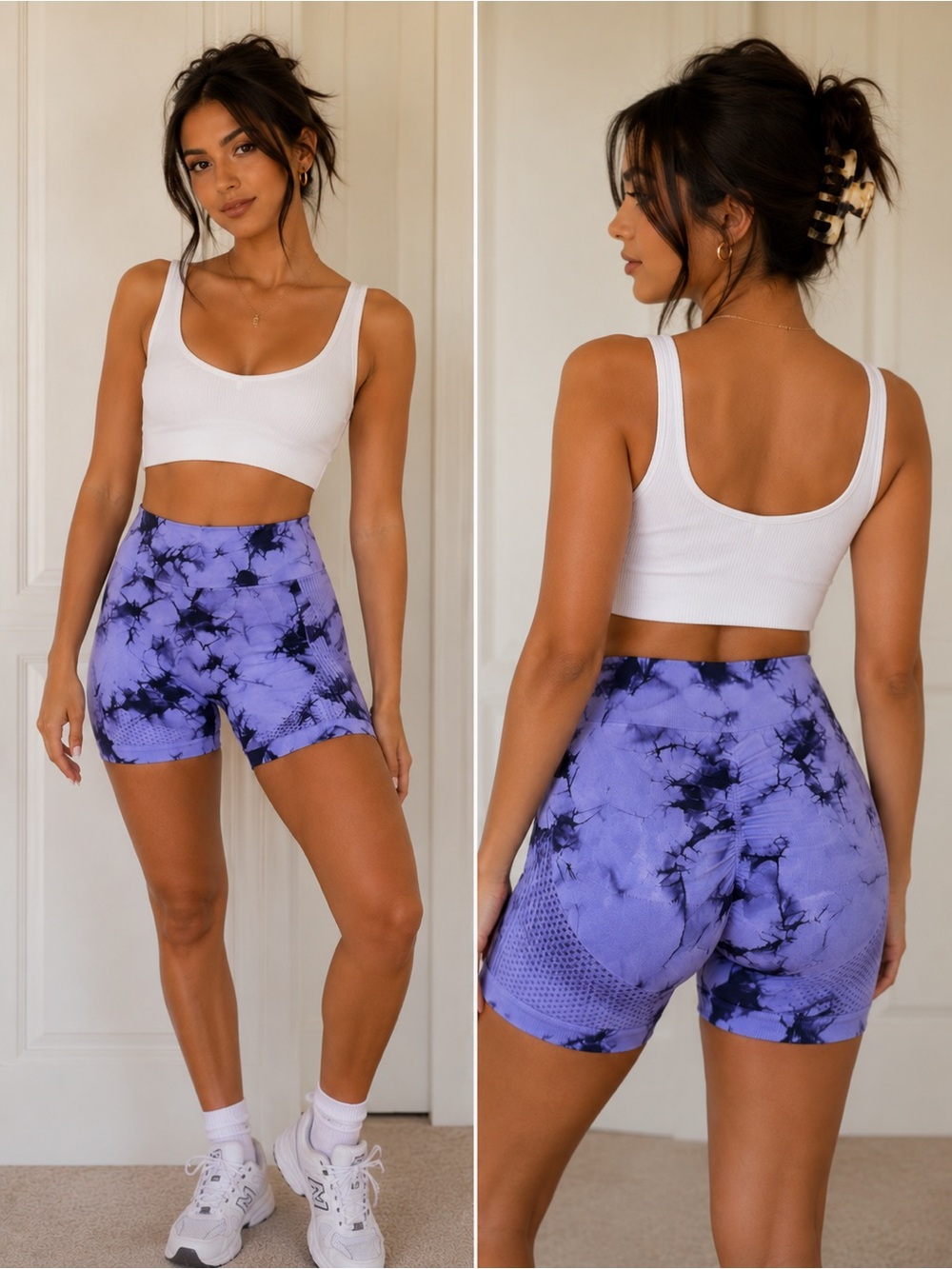 Tie-Dye Purple High-Waist Women’s Workout Shorts